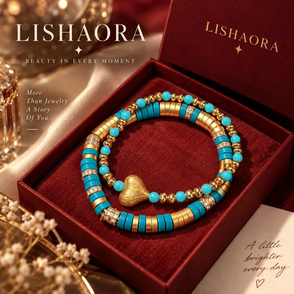 Turquoise Heart Layered Bracelet — Two-bracelet set