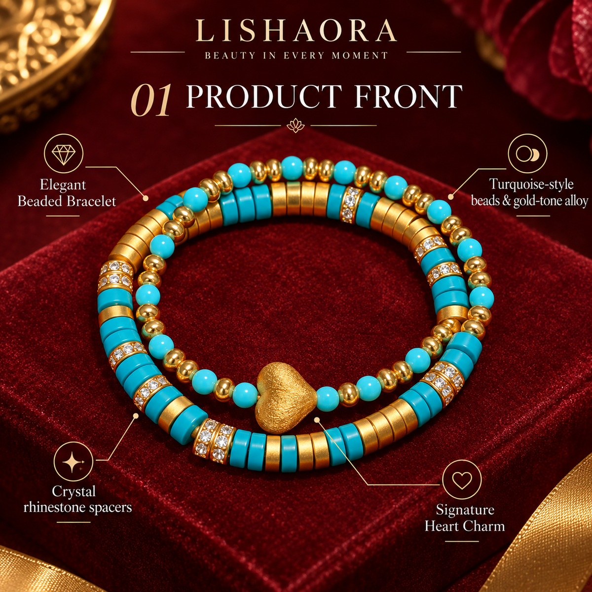 Turquoise Heart Layered Bracelet — Front view